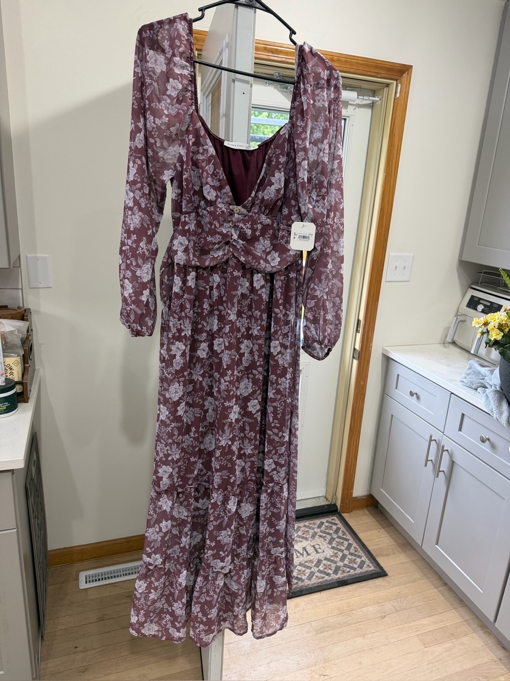 Altar'd State Mauve Floral Twist-Front Long Sleeve Maxi Dress